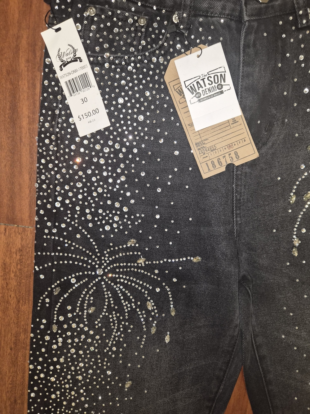 Watson Denim Men's Relaxed Black Jewel-Embellished Jeans